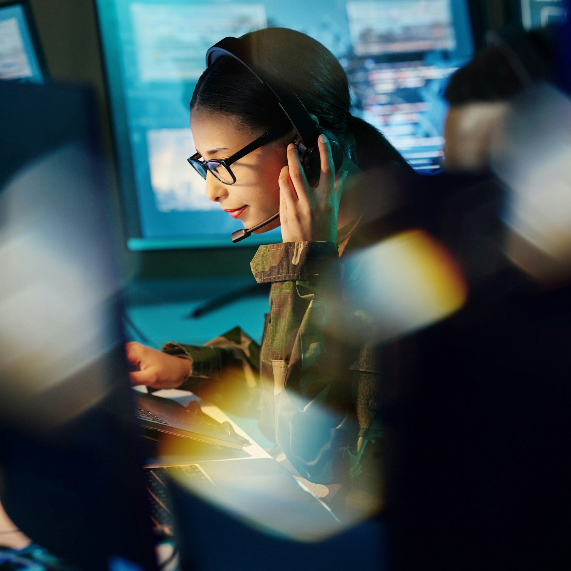 Military command center, headset and woman with communication, computer and technology. Security, g